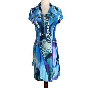 Cache Abstract Short Sleeve Dress Blue Green Size XS